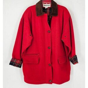 Vintage Trendz Women Red Wool Leather Collar Button Oversized Overcoat Jacket S